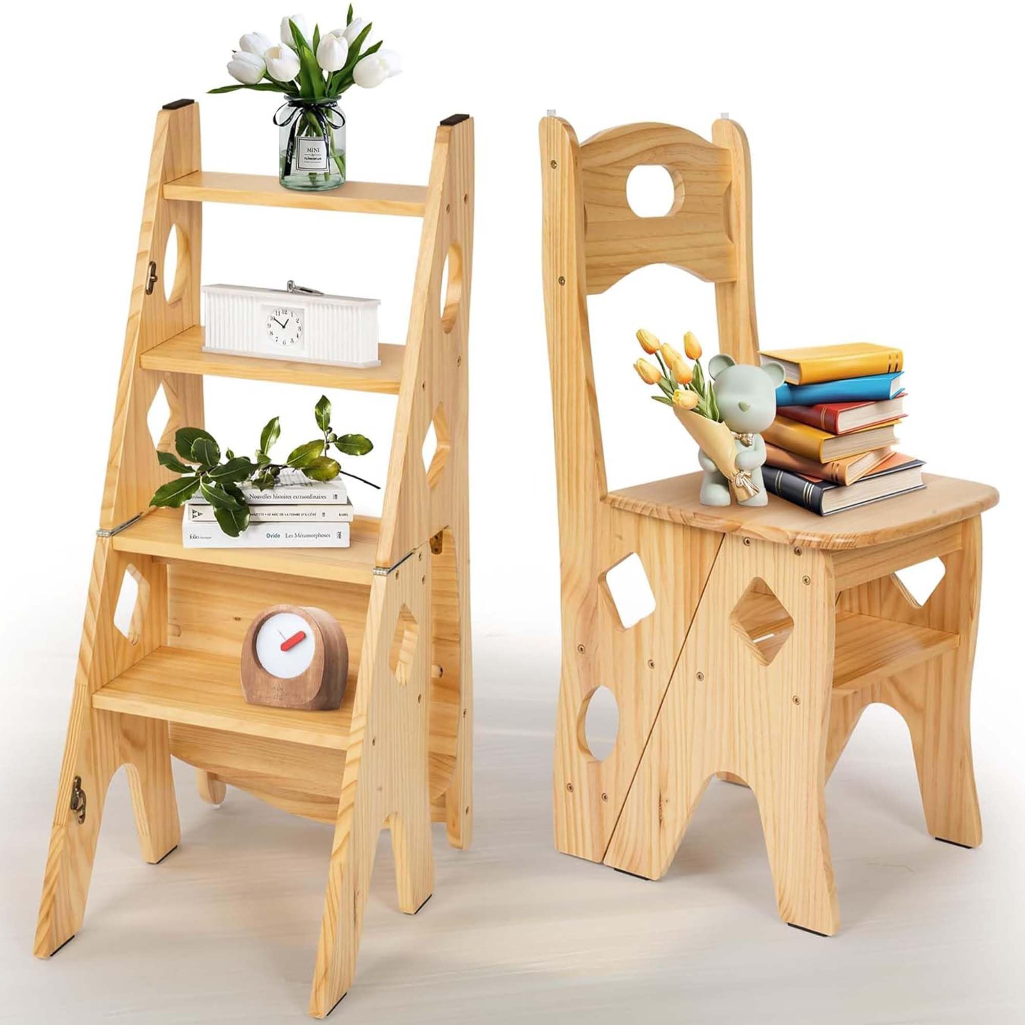 bimiti Taburete plegable, torre de aprendizaje, silla plegable de madera hasta 180 kg, soporte multifuncional para flores y silla, taburete de doble propósito para biblioteca, oficina, salón