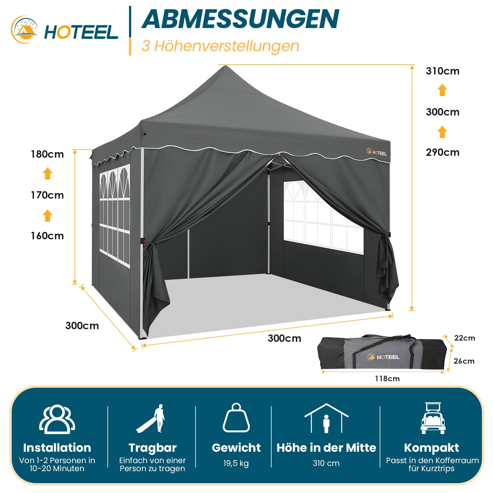 HOTEEL Tonnelle Pliante 3x3 Imperméable avec 4 Parois Latérales, Installation Facile Barnum Pliant 3x3 Portable Tonnelle de Jardin Exterieur avec 4 Sacs de Sable pour Fête, Festival, Marché, Gris