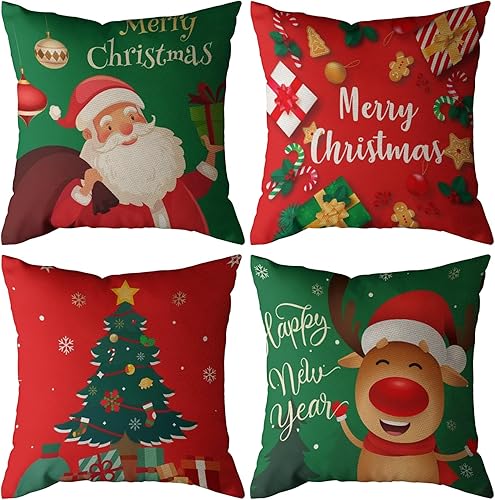 Juego de 4 fundas de almohada navideñas de 18 x 18 pulgadas, fundas de almohada decorativas de Navidad con reno de Papá Noel para sofá, cama,