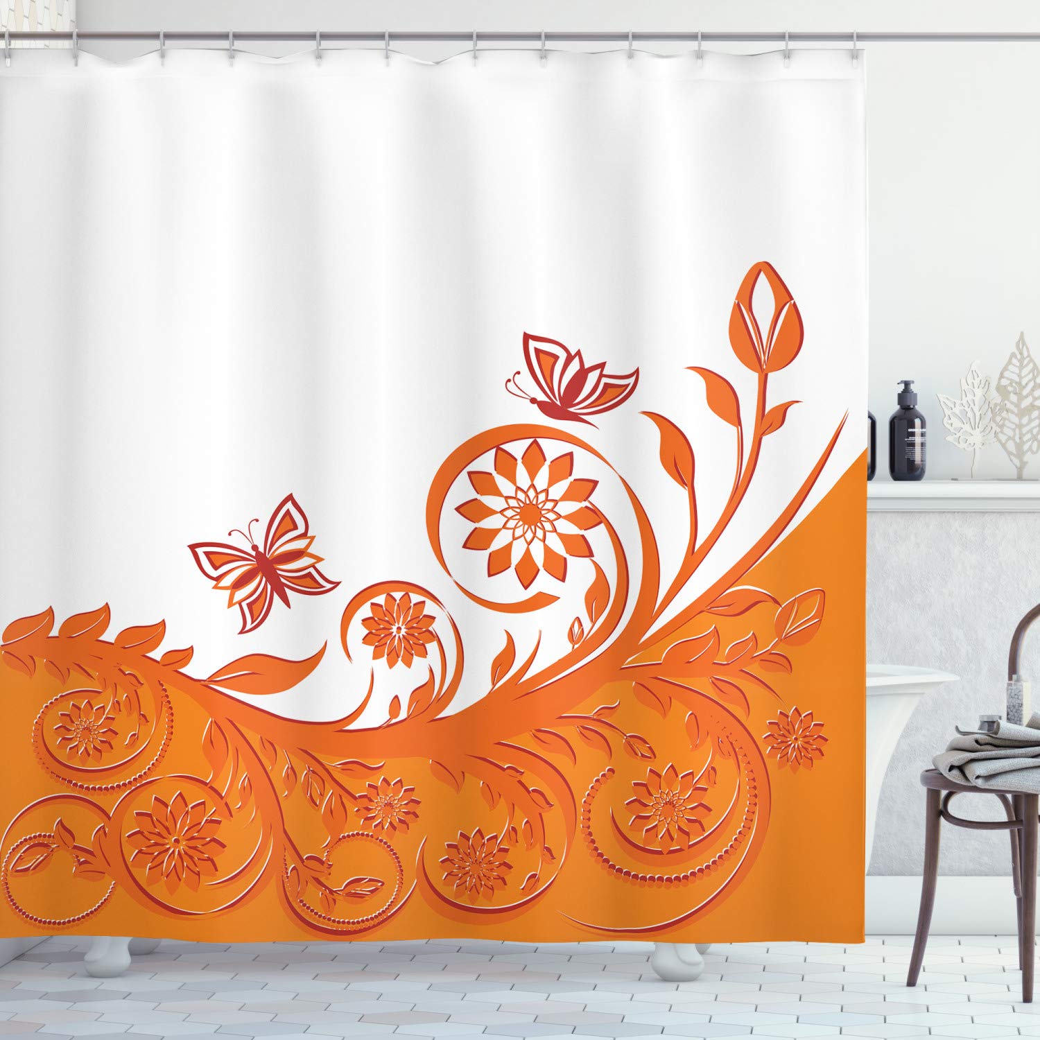 ABAKUHAUS Orange Shower Curtain, Rose Branch Motif with Floral Swirls in Old Fashioned Style Butterflies, Cloth Fabric Bathroom Decor Set with Hooks, 86 Inches Extra Long, Orange White