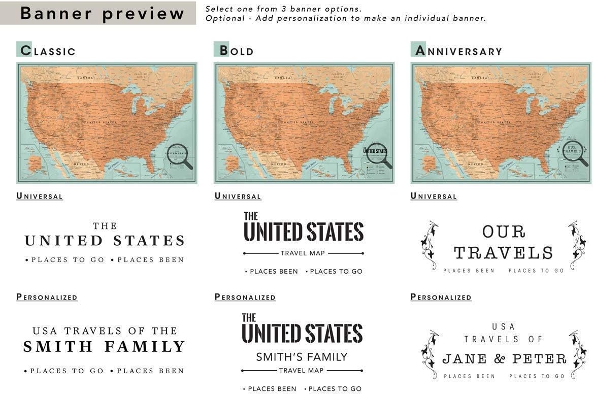 Custom Push Pin Map of United States | Detailed Large Push Pin US Map poster | Personalized Push Pin Travel Map USA