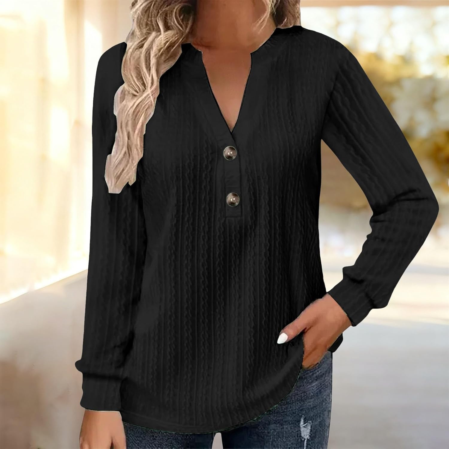 Women's Vertical Textured Henley V Neck Tops Short Long Sleeve Blouses Button Down Relaxed Fit Casual Office Fashion 2026 - Image 2