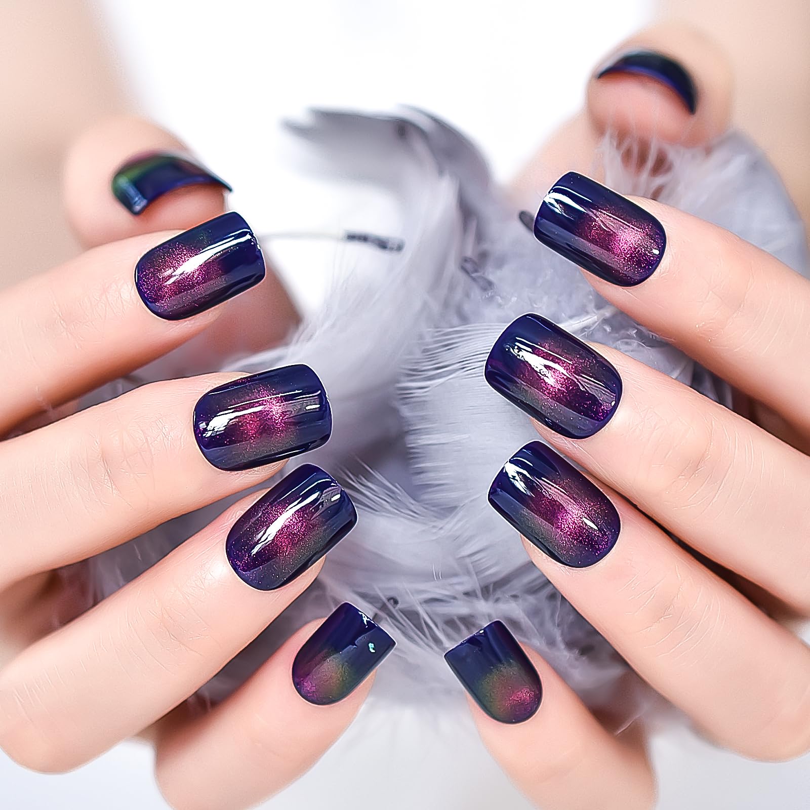 LINSSQ Shimmer Blue Press on Nails Pink Cat Eye Gel Nails, Short Squoval False Nails, Glossy Shiny Glitter Manicure Reusable Fake Fingernails Nail Art