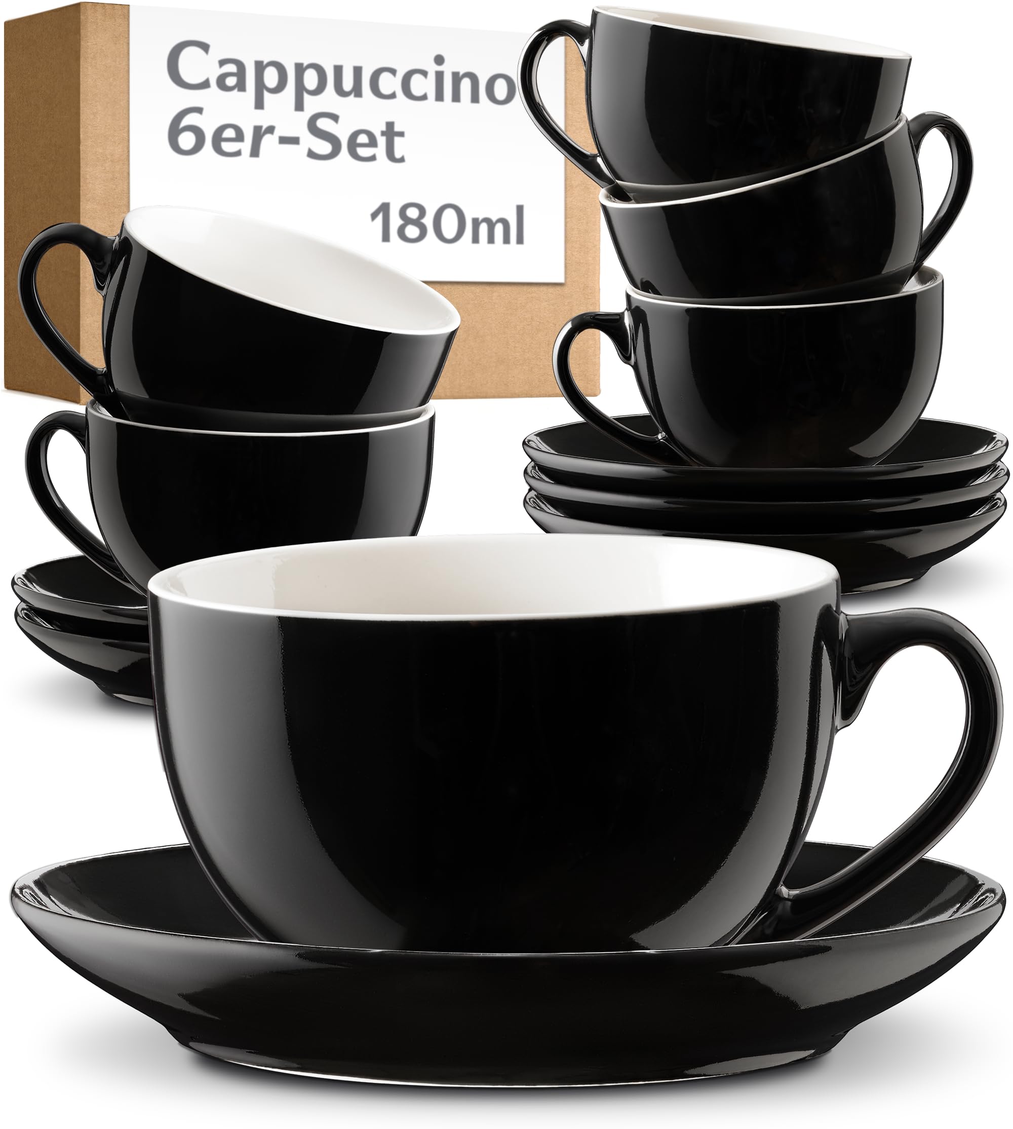 Cosumy Cappuccino Tassen Set 6er mit Untertassen – Kaffeetassen Keramik Schwarz – Hält Lange Warm – Spülmaschinenfest – Kaffee Tassen Sets & Kaffeetasse Modern – Kaffeeservice Geschenkidee -180ml