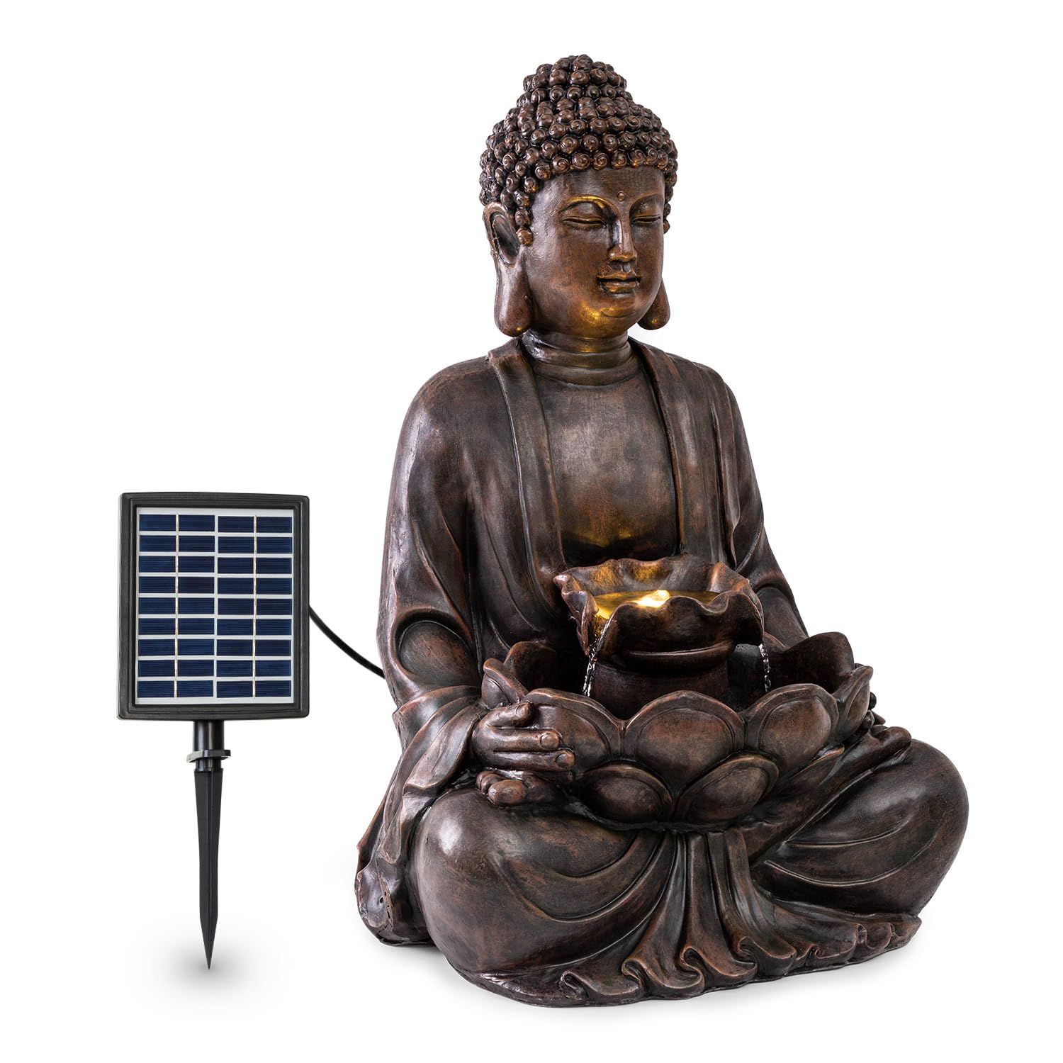 Blumfeldt Dharma Solar Fountain, Garden Fountain, Decorative Fountain, Solar Powered, LED Lighting, 48 x 72 x 41 cm (W x H x D), Material: Polyresin, for Indoor and Outdoor Use, Bronze
