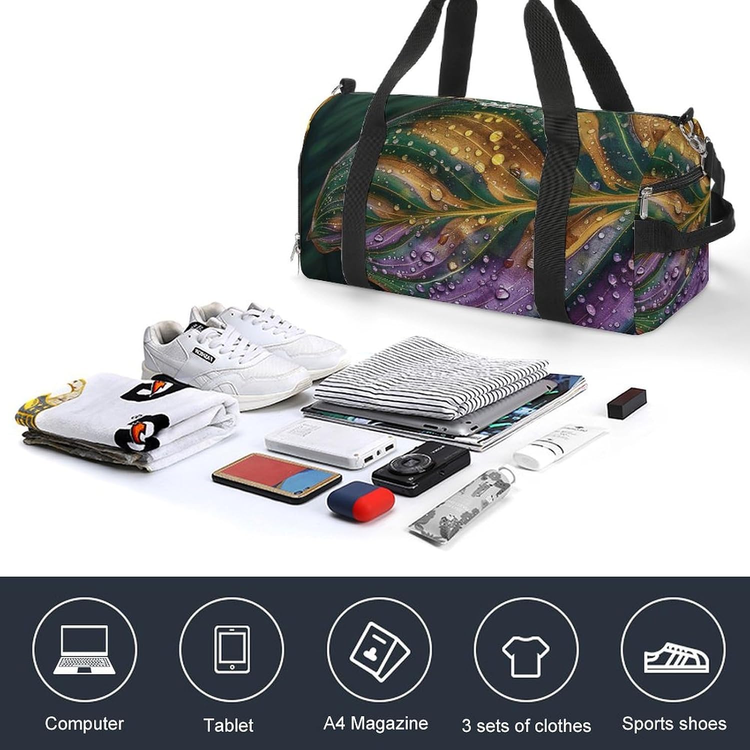 Texture of Green Leaves Barrel Gym Bags for Men And Women, Duffle Bag for Travel Sports Bag Camping Weekend Carry on Overnight Duffel Bag with Shoulder Strap