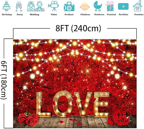 Vista 4 de Mocsicka Telón de fondo para el día de San Valentín, rosas rojas, fondo de amor, luces rústicas, flores, bodas, despedidas de soltera, fiestas