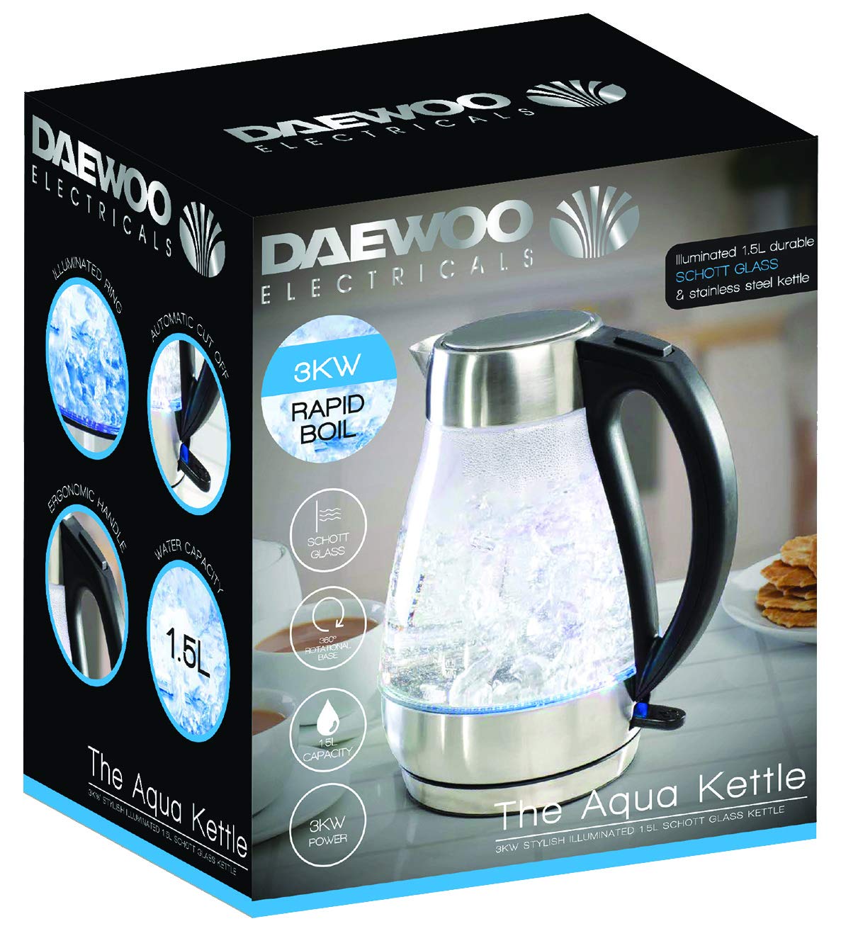 Daewoo SDA1202 1.5L 3000W, Glass Kettle with Safety Locking Lid, Auto