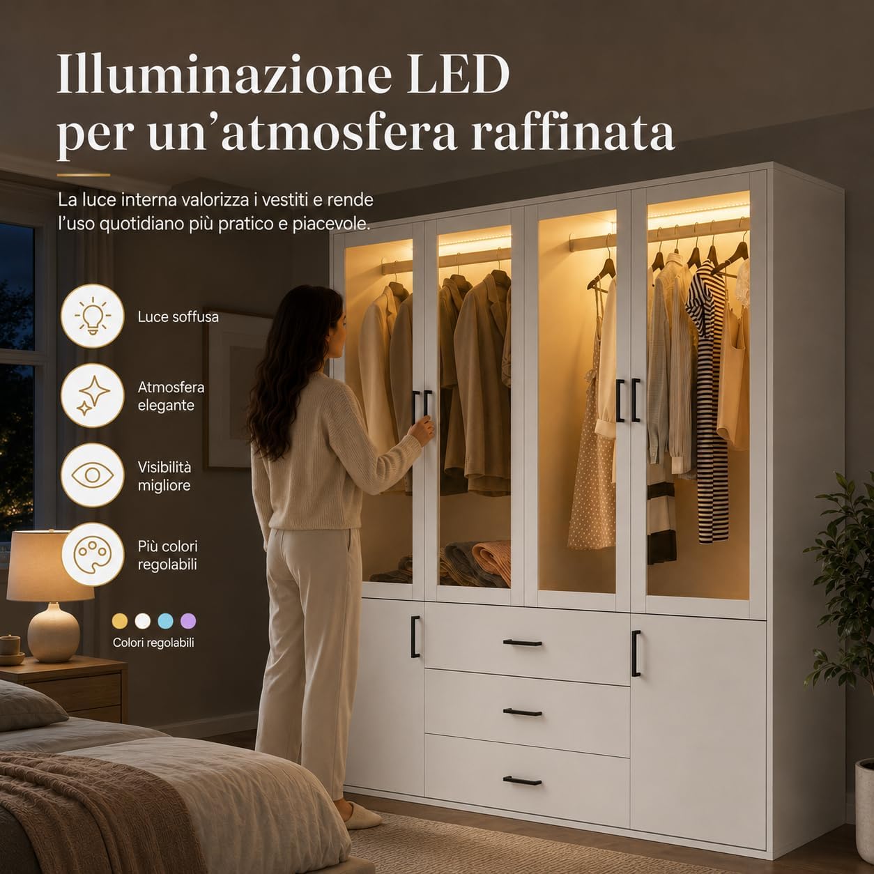 Armadio Guardaroba 6 Ante con LED, armadio camera da letto adulto con 4 ante in vetro e 3 cassetti, Armadio Moderno Con Appendiabiti, per camera da letto e cameretta dei bambini