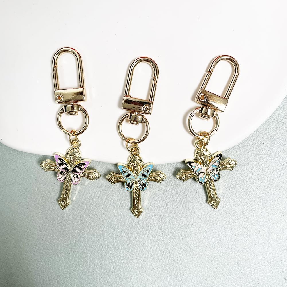 Small Butterfly Keychain Set Pack of 3 Tiny Blue Pink Purple Colors Cute Key Chain for Women Backpack Purse Wallet Handbag Personalized Keyring (CROSS-3PCSFLOWER) - Image 5