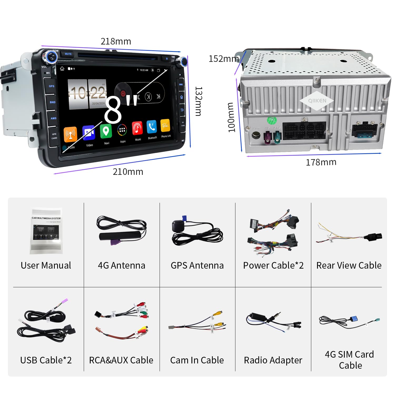 8" 4G+64G Android 15 Autoradio mit Navi für VW T5 Golf 5 6 Polo Sharan Seat Passat Tiguän, Doppel din Radio IPS Bildschirm Mediareceiver mit CarPlay Android Auto Bluetooth PDC RDS CD