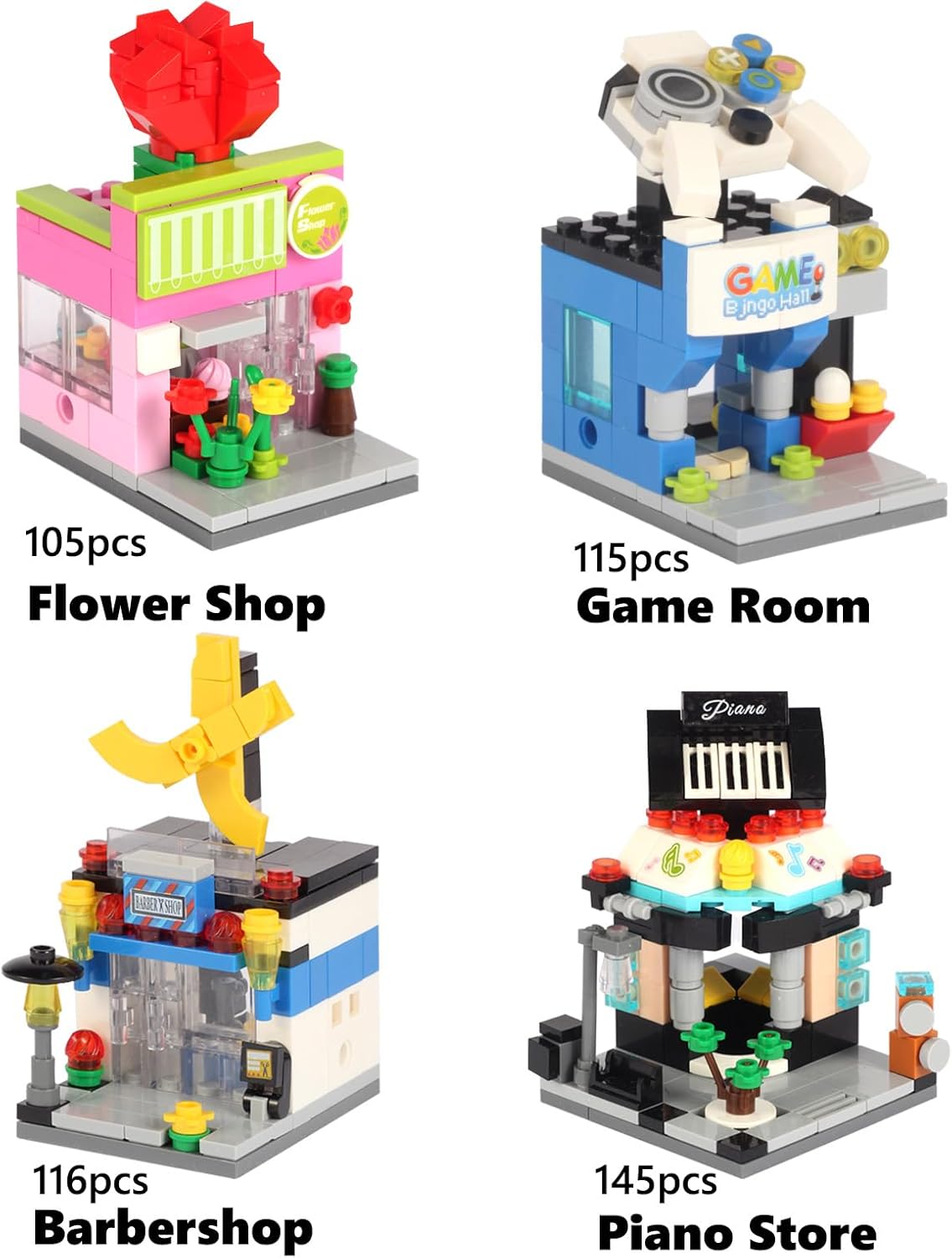 BIZNESMEN 8 in 1 Mini City Street Scene Building Blocks Set - 8 Pack Toy Shops: Beauty, Supermarket, Music, Fruit, Bookstore+ (894 PCS) | Gift for Kids 6+ - Birthdays | Parties | Holidays