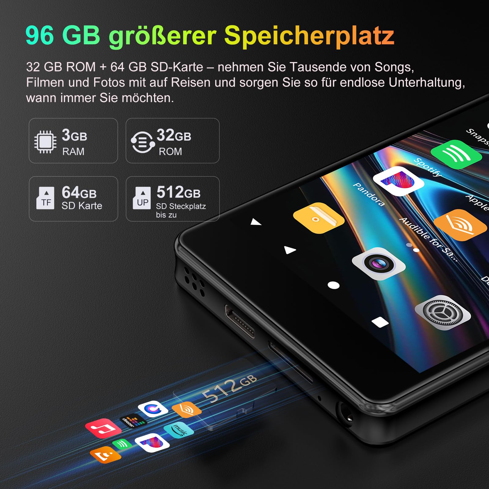 96GB MP3 Player with Bluetooth, WLAN, Camera 4.02 Inch Touchscreen | Android 13 MP3 player mit spotify, 2000 mAh, Lautsprecher, Deezer, Audible, Play Store, bis 1TB erweiterbar, Black