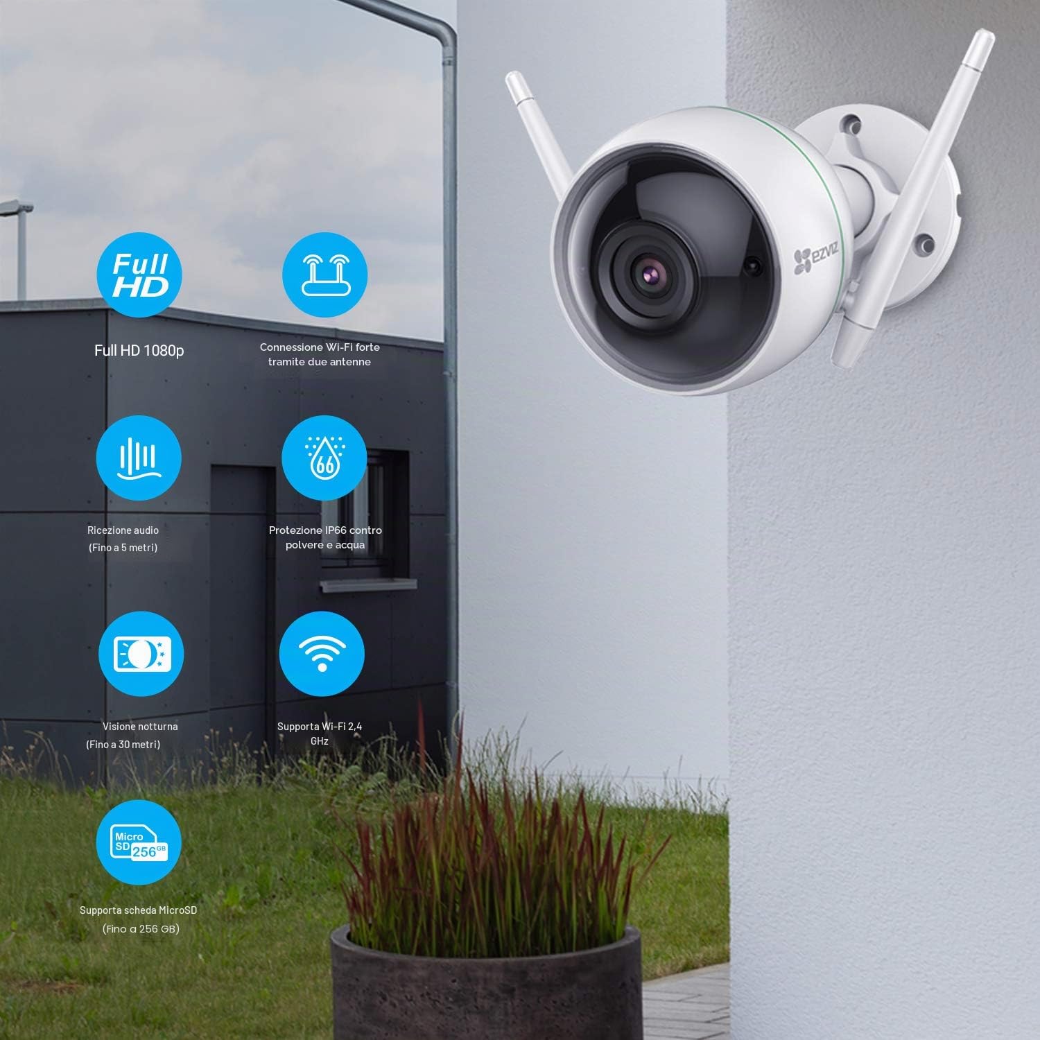 EZVIZ C3WN Telecamera WiFi Esterno 1080p Versione Videocamera Sorveglianza da Esterno con Visione Notturna Fino a 30M, Doppia Antenna Wi-Fi, Notifiche in Tempo Reale, IP66, Compatibile con Alexa