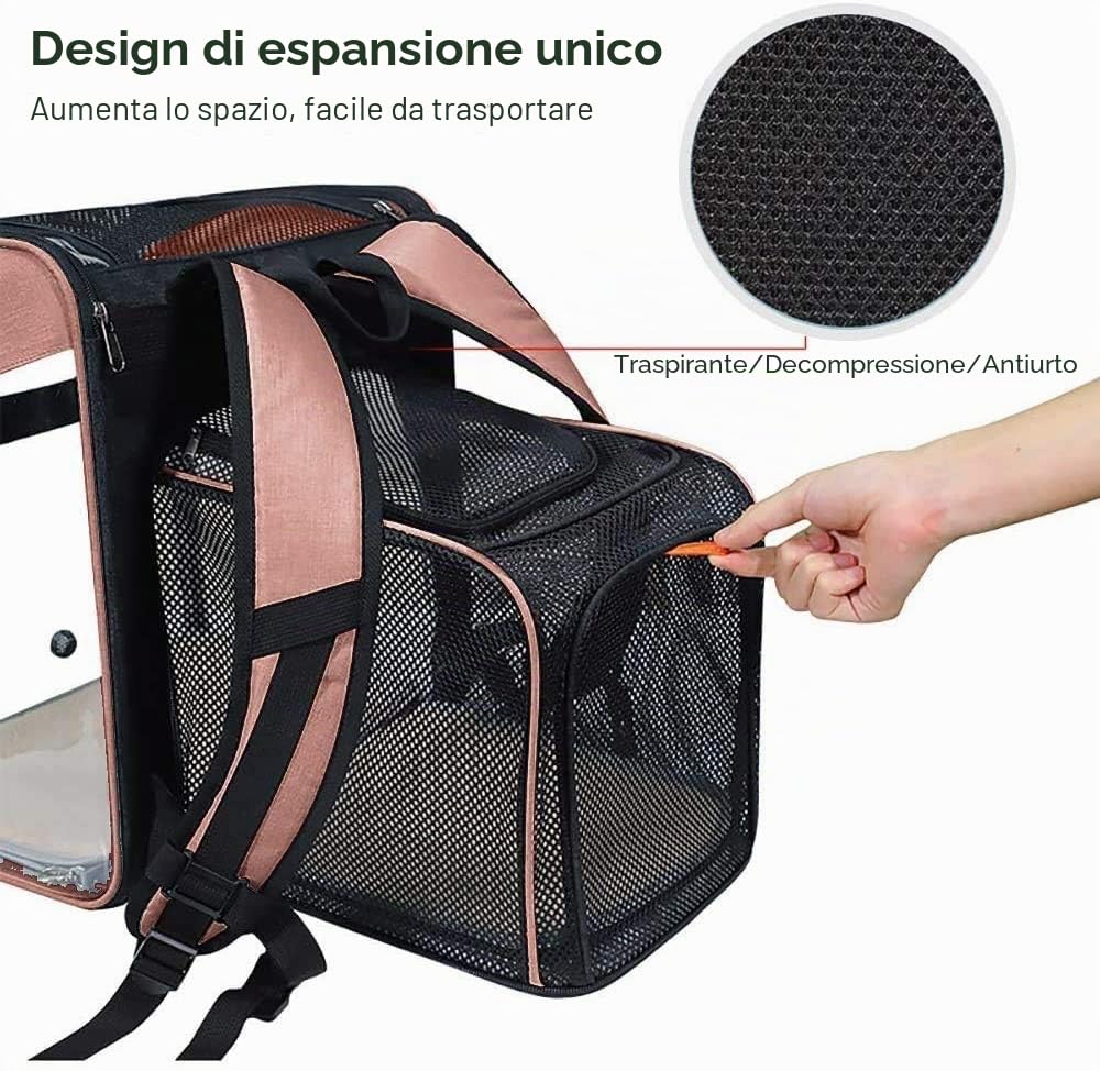 Trasportino Zaino Espandibile per Cani Gatti 10kg, Borsa da Trasporto per Viaggio, Trasparente Traspirante Pieghevole con Cuscino in Peluche per Animali Domestici, Compagnia Aerea Approvata (Rosa)