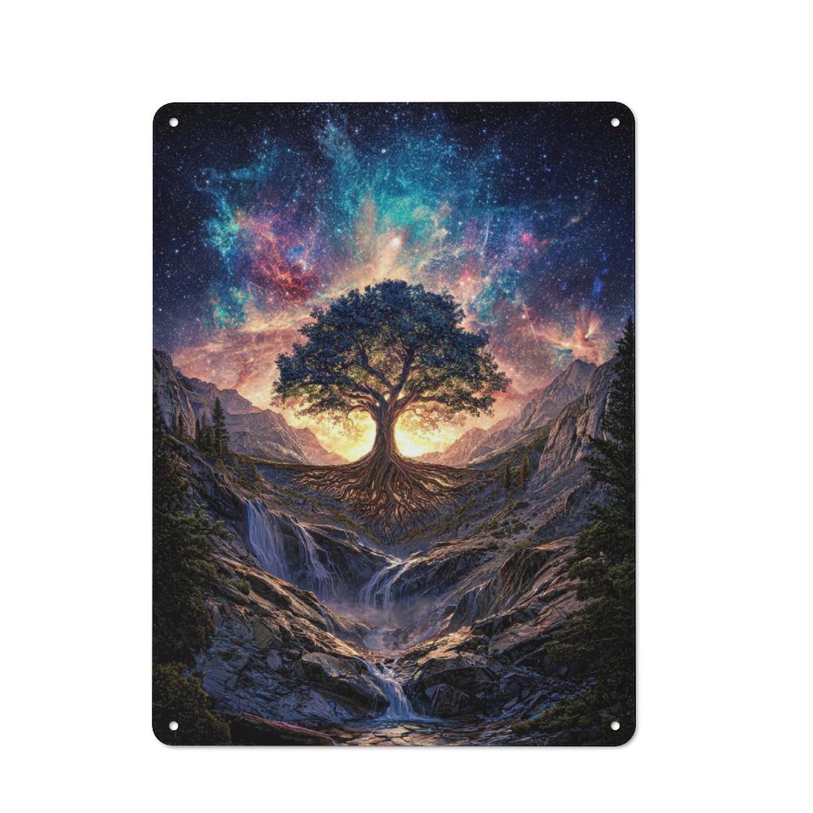 Classic Cosmic Tree of Life Waterfall Landscape Metal Wall Plaque 40x30cm, Nostalgic Wall Art for Living Room, Hallway, Kitchen Or Cafe