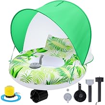 Motorized Pool Float with Canopy for Adults, Electric Inflatable Pool Lounger with Motor, Floating Chair Tube with Pusher Handles, Cupholder, Foot Pump for Summer Party, Beach, Lake, Calm Water
