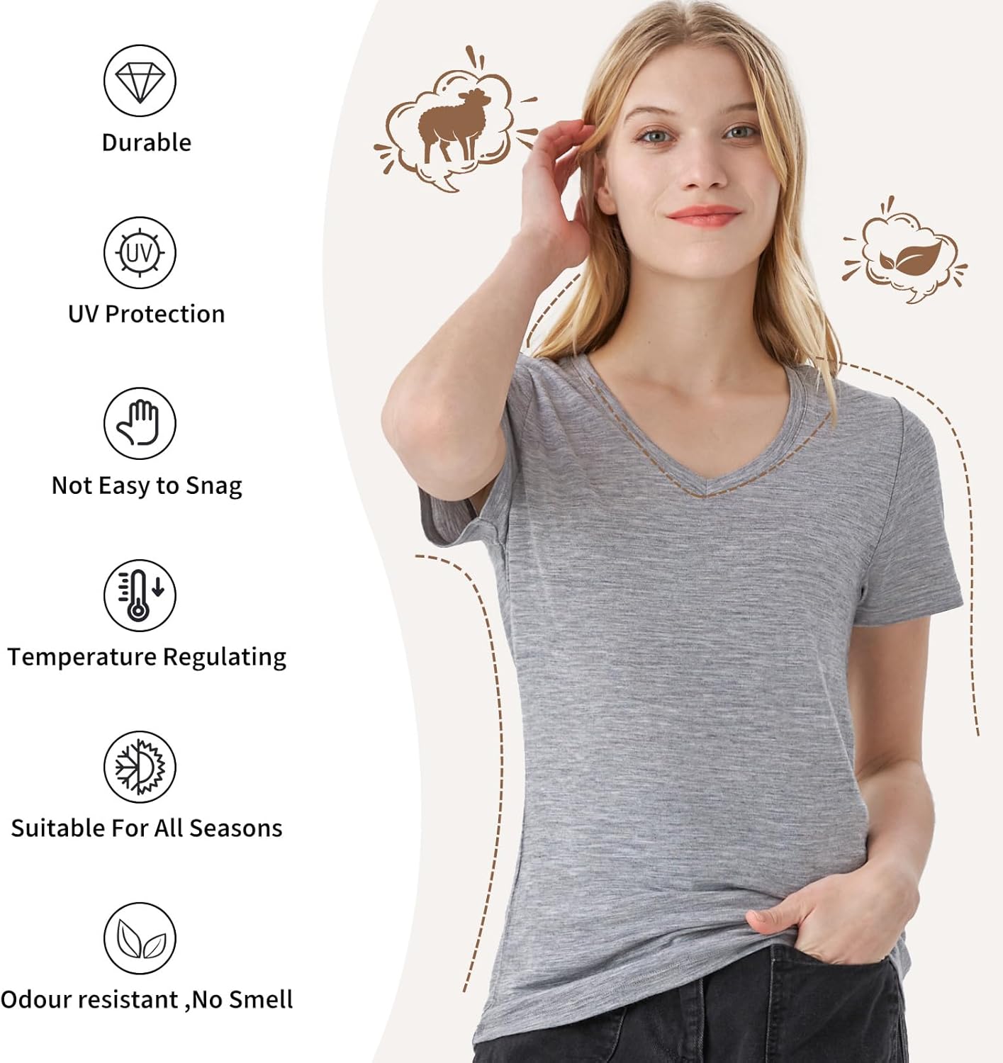 Merino Protect 100% Merino Wool V Neck T-Shirt for Women Short Sleeve Base Layers Odor Resistance Tops for Outdoor Hiking - Image 4