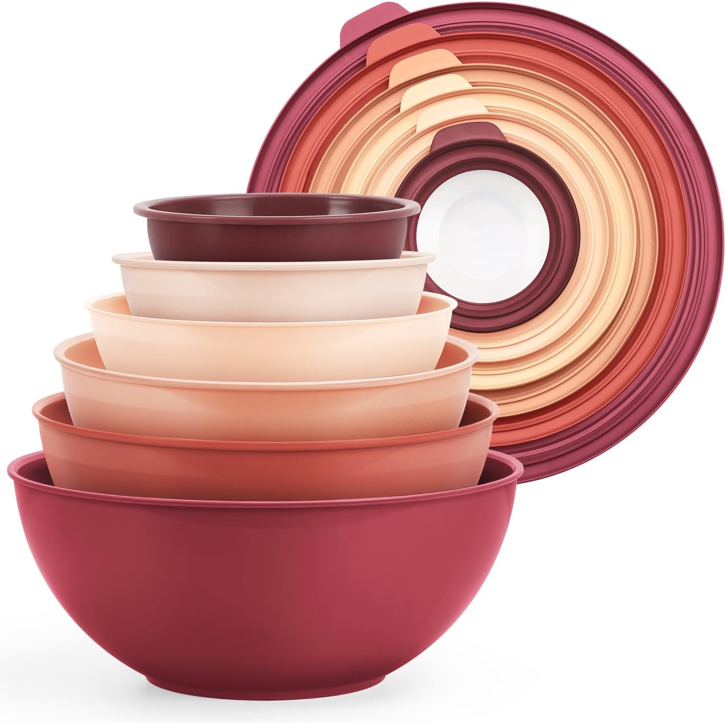 Walchoice Mixing Bowls with Airtight Lids Set of 6, Plastic Nesting Bowls Prep Bowls for Mixing, Serving, Kitchen Preparing, Storage, Microwave & Freezer Safe, Red