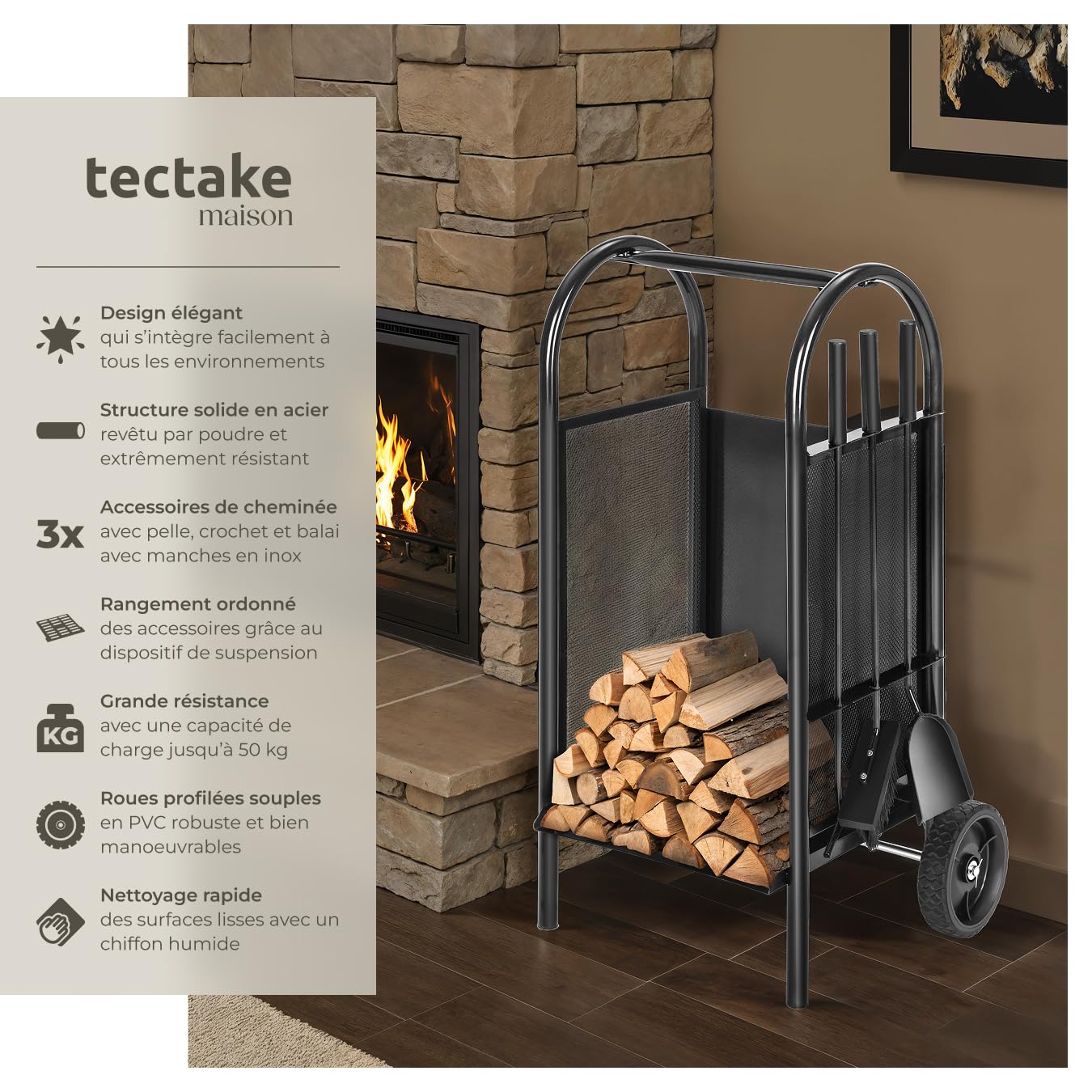 tectake® Chariot à buches, Capacité de Charge 35 kg, Inclus Tisonnier, Balai, Pelle cheminée, Chariot à roulettes, Serviteur cheminée, Range buche Interieur, Rangement Bois Interieur, Range-bûches