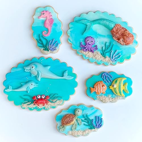 Miniatura 7 de Molde de silicona para fondant de pez tortuga marina, 4 paquetes de moldes de chocolate con delfín de coral marino para decoración de pasteles,