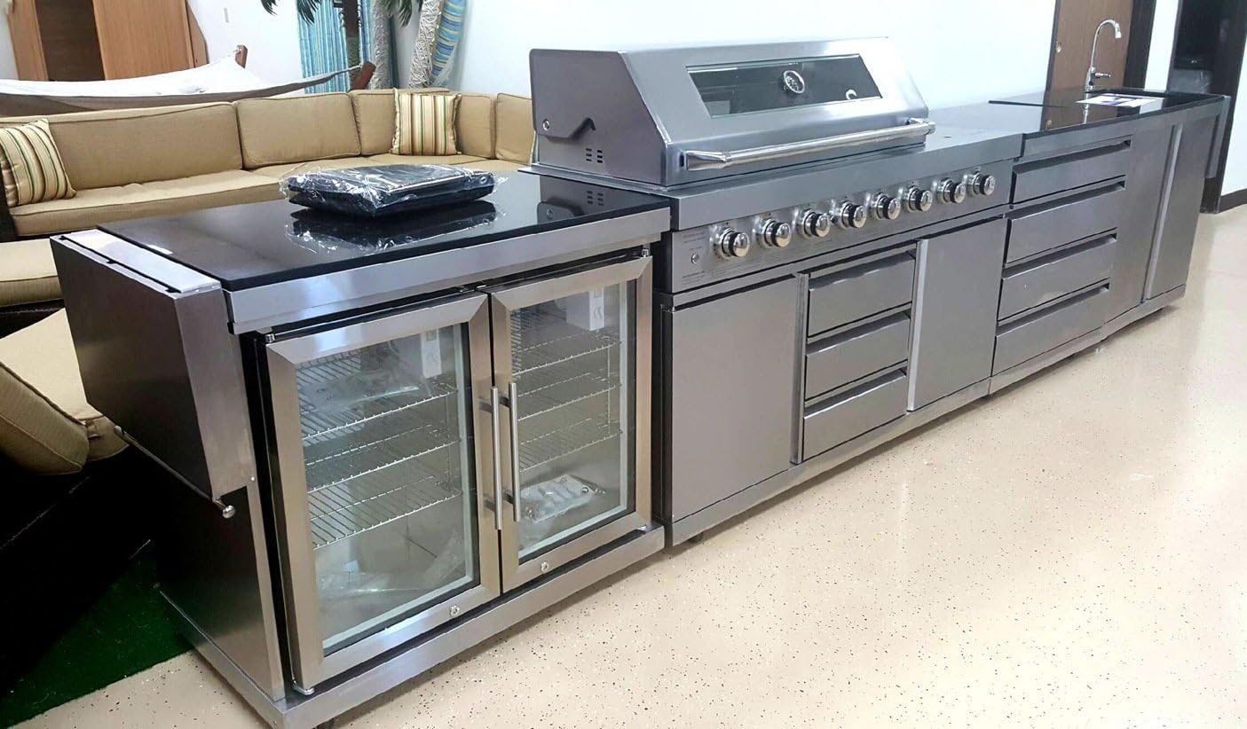 Modular 5 Piece Island Electric and Natural Gas Propane BBQ Outdoor Grill Kitchen, with Wine Refrigerator, Sink, Rotisserie, Black Marble Top and FREE Protective Grill Canvas Cover