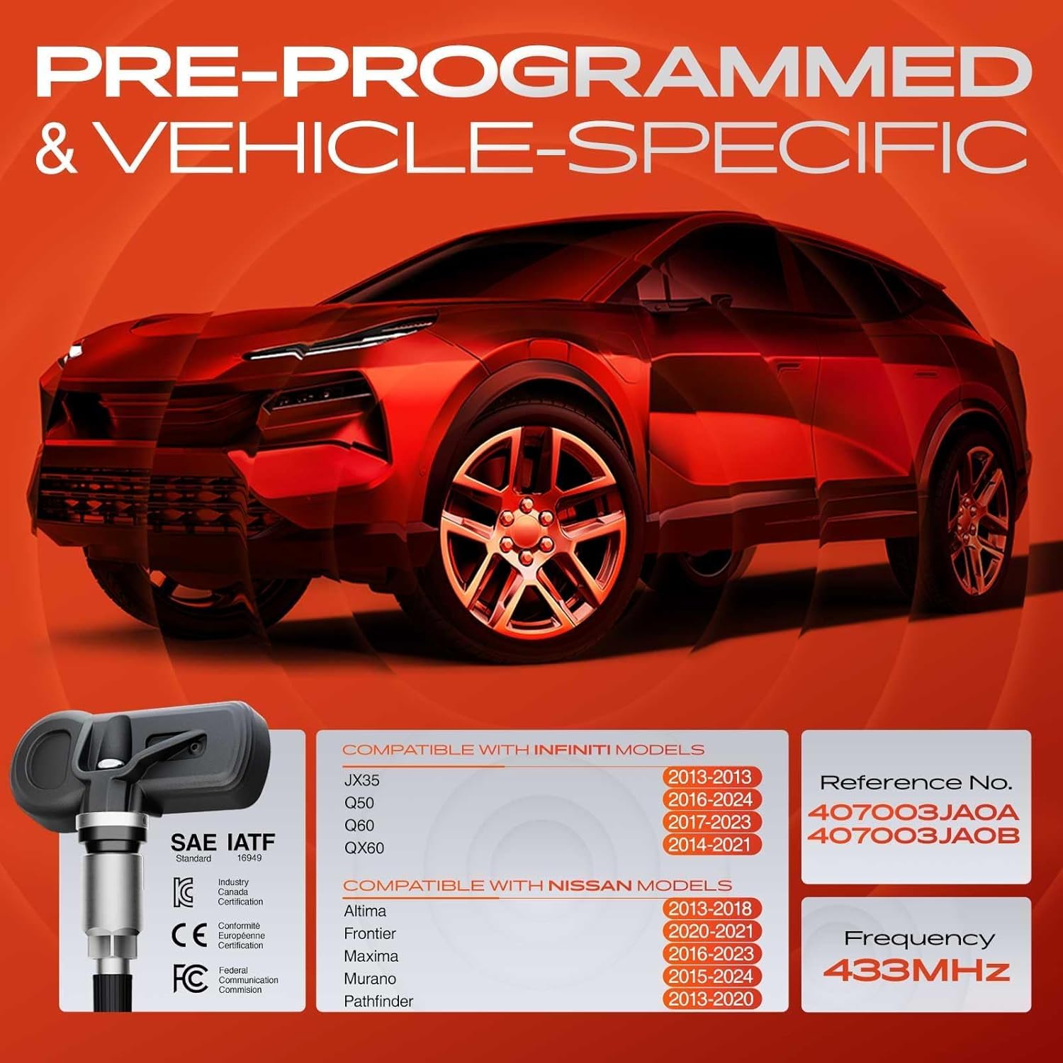 A-Premium 4PCS Pre-Programmed TPMS Sensor Tire Pressure Monitoring Sensor - Compatible with Nissan & Infiniti Models - Altima, Frontier, Maxima, Murano, Pathfinder, JX35, Q50, Q60, QX60-433MHz