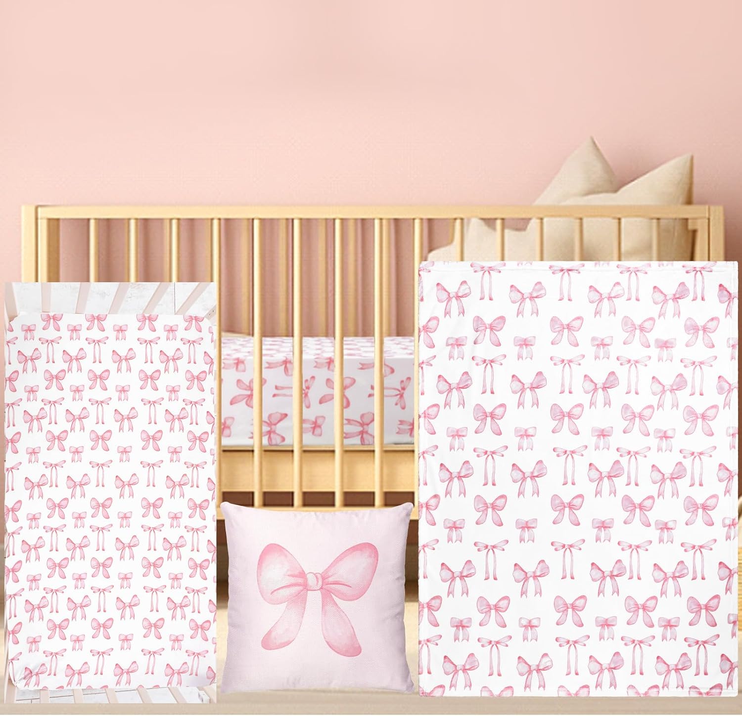 HunnmingRe Baby Pink Bow 3-Piece Crib Bedding Set - Soft Flannel Blanket, Fitted Sheet & Pillowcase for Standard Nursery Cribs