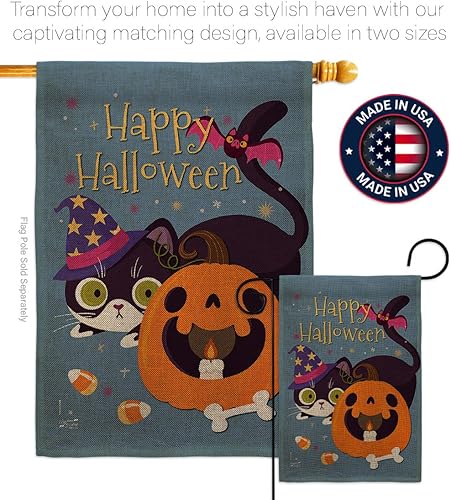 Miniatura 4 de Juego de bandera de casa de arpillera de gato brujo para otoño, Halloween, truco o trato espeluznante noche negro temporada otoño calabaza