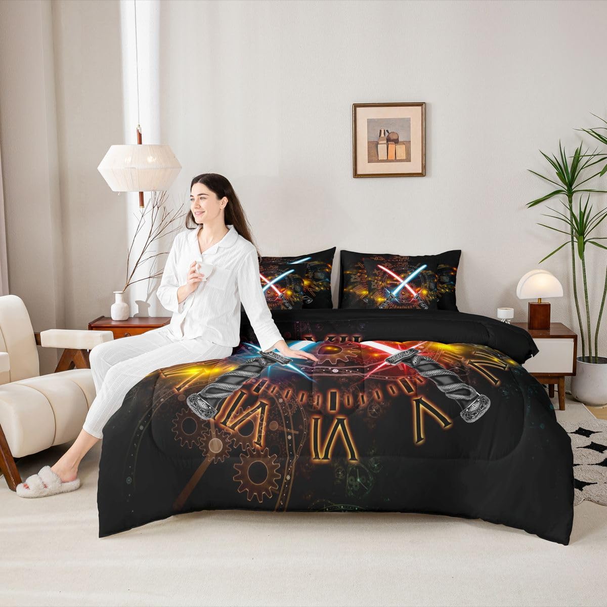 Feelyou Kids Lightsaber Comforter Set 7 Pieces Full Size Gear Cogwheels Pattern Bedding Set for Boys Girls 3D Neon Blue Red Bed in a Bag with Comforter, Sheets, Pillowcases & Cushion Covers