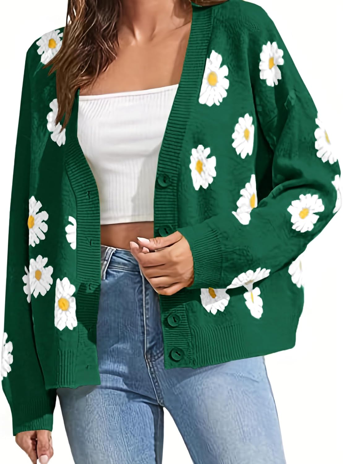 Women's Floral Print Cardigan Long Sleeve Open Front Button Down V Neck Knitted Sweaters
