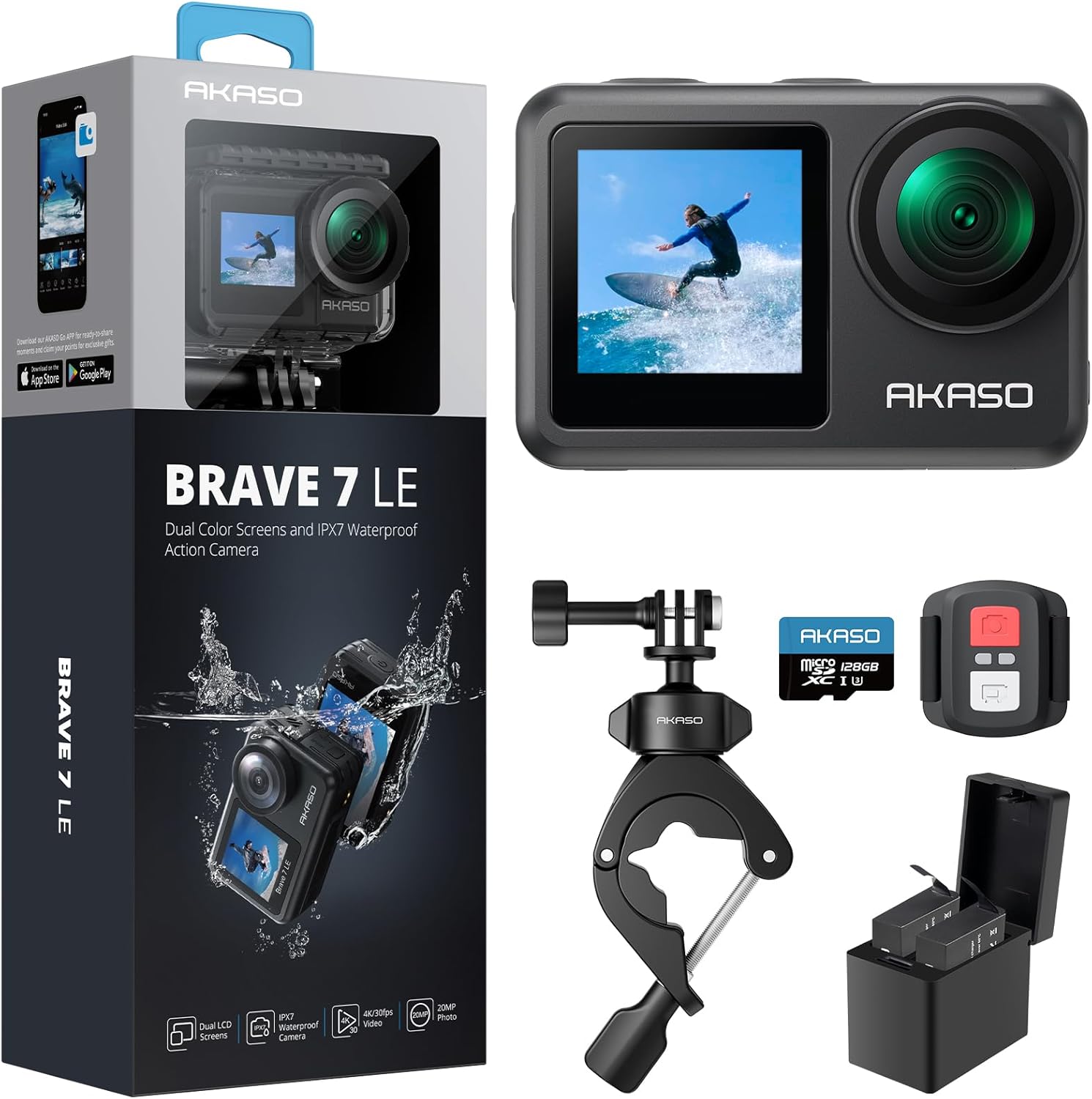 AKASO Brave 7 LE Action Camera with MicroSDXC U3 Card and Handlebar Clamp Mount Accessories Kit Bundle