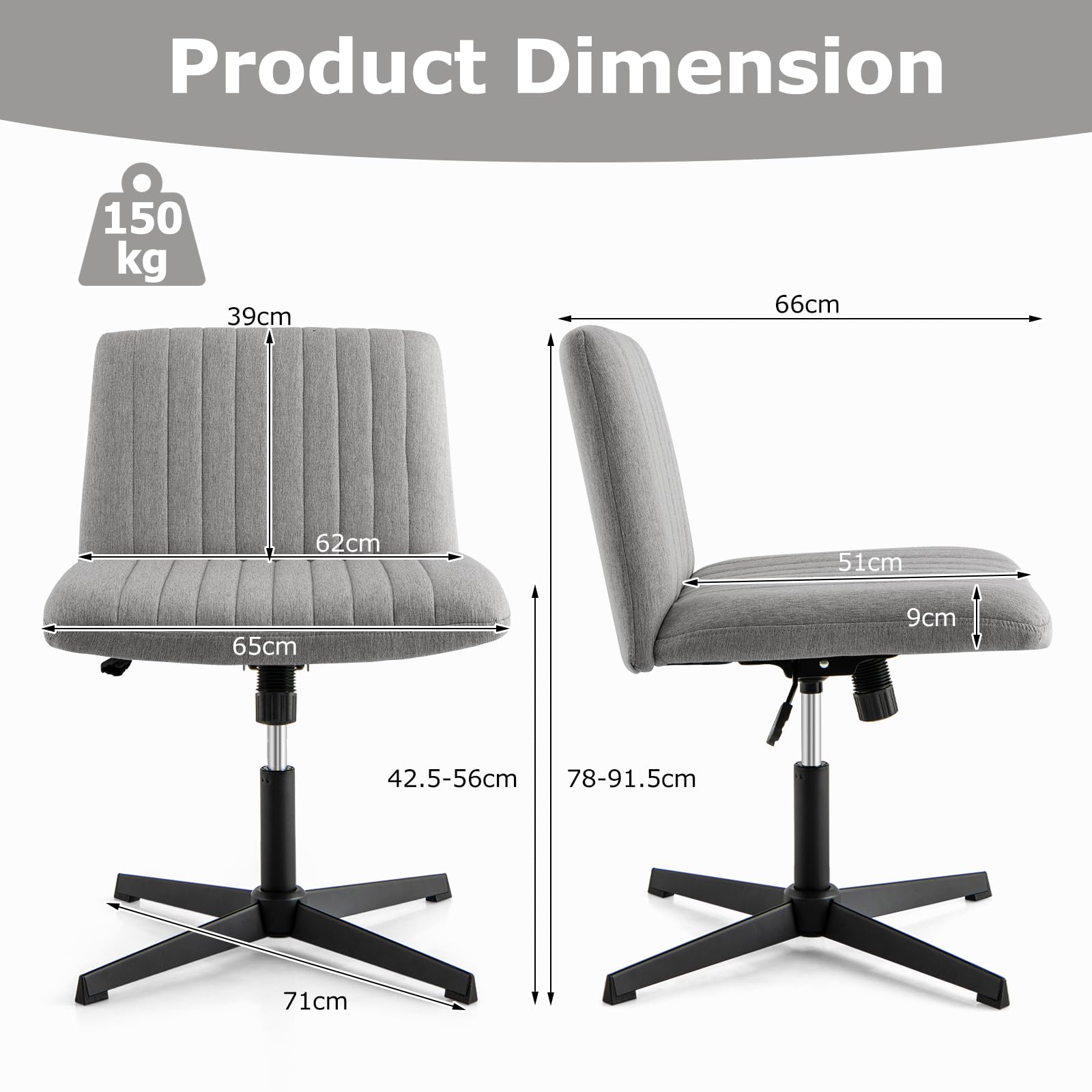 GIANTEX Sedia Ufficio Senza Braccioli, Girevole 360°, Seduta Ampia 65x51 Cm, Oscillazione 120°, Regolabile Altezza, Fino A 150 Kg, Beige/grigio/rosa