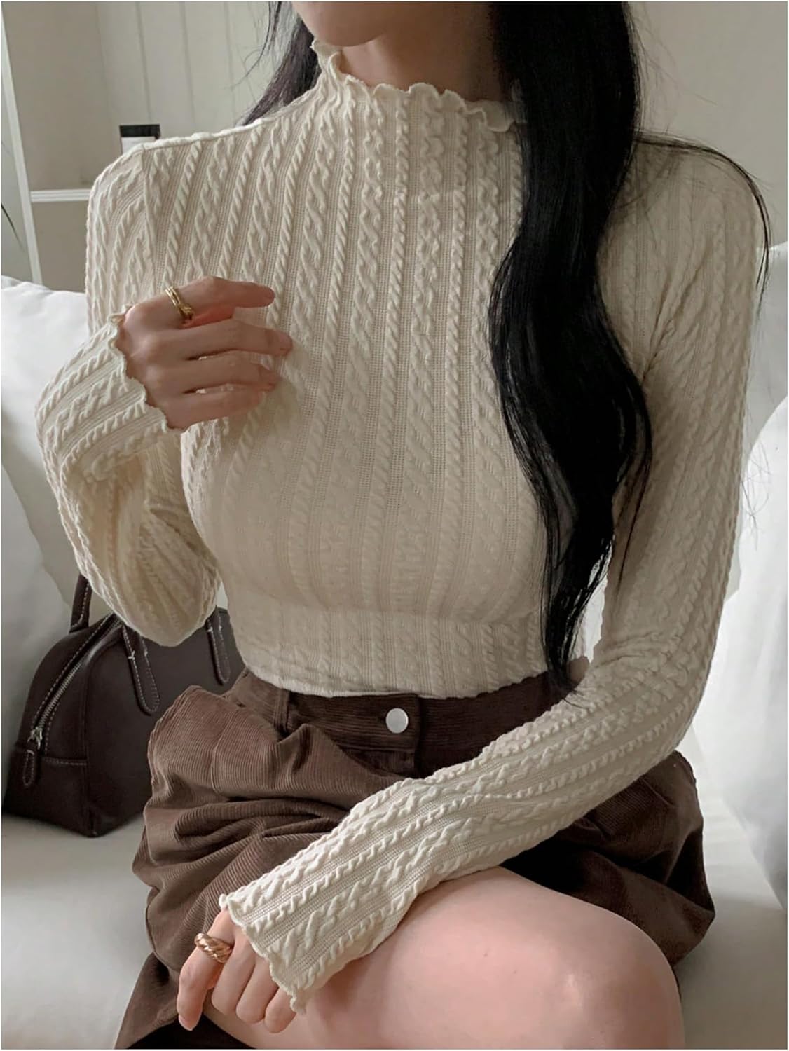 GORGLITTER Women's Cable Knit Mock Neck Tops Lettuce Trim Long Sleeve Slim Fit T Shirts Fall Business Casual Clothes - Image 3