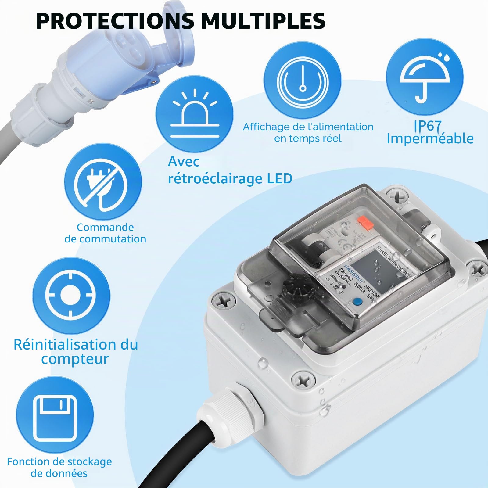 SWAWIS Wattmetre Numérique Mobile 230V 16A - Wattmètre Numérique avec Disjoncteur FI Type A, Prise CEE IP44, Boîtier IP67 Prise Compteur D'énergie pour Camping-cars Véhicules Electriques