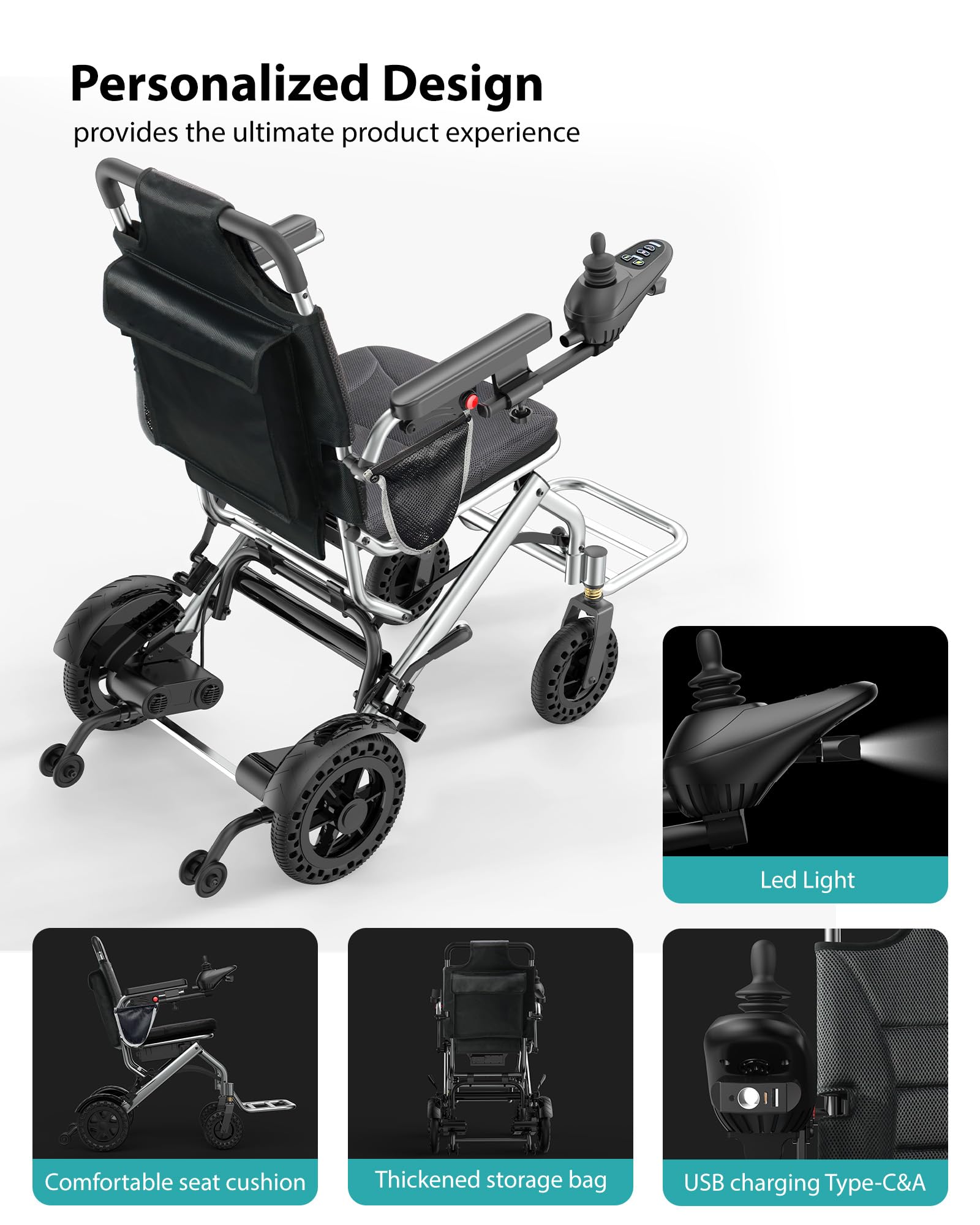 15 KG Silla de Ruedas Eléctrica Plegable para Adultos, Soporta hasta 150 KG, Autonomía de 24 KM y Apta para Viajes en Avión, Motor de 360 W para Uso en el Hogar, Exteriores y Viajes, Plata