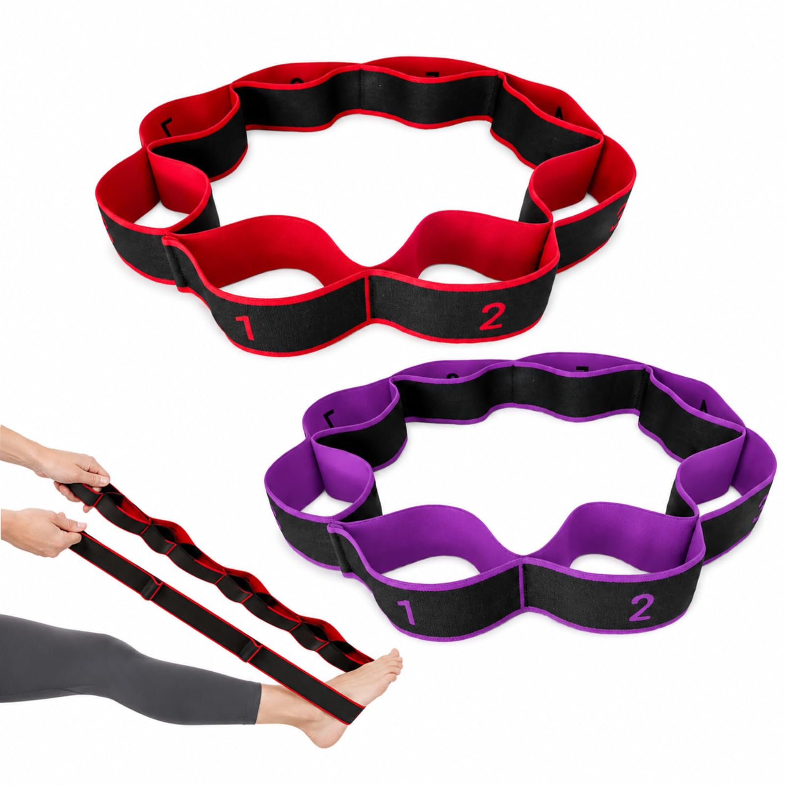 2 Pack Yoga Resistance Bands Pilates Stretch Strap Exercise Loops with Numbered Sections Elastic Non-Slip Fabric 4cm x 90cm for Adults Women Men Home Gym Fitness Workout Daily Training Equipment