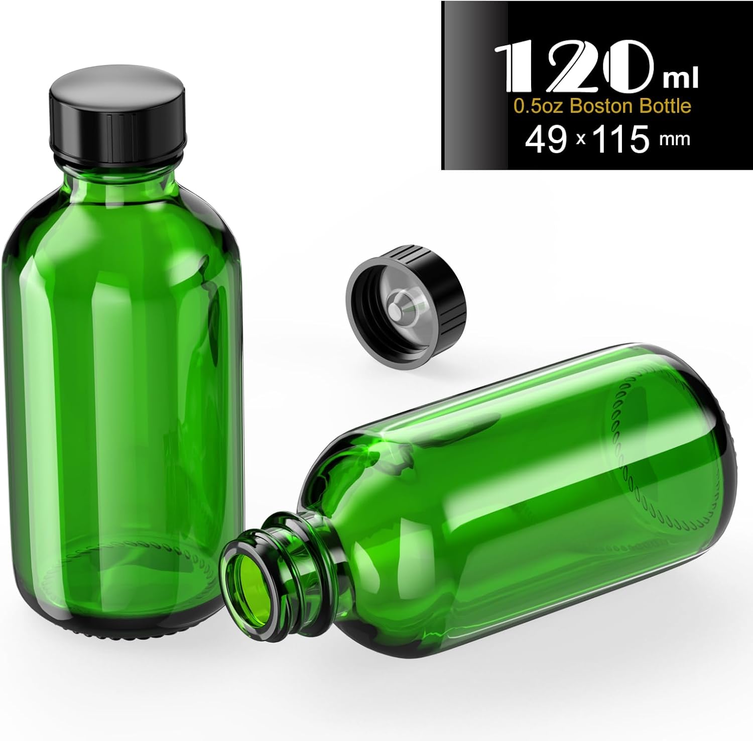4 oz Green Glass Bottles 6PCS, 120ml Boston Round Sample Bottles with Black Poly Cone Caps, Labels, Funnels (120ml 4oz, Green)