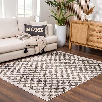 BoutiqueRugs Gray Checkered Contemporary 8x10 Large Area Rug Cream Charcoal Benjy Great Room Open Concept Master Bedroom Large Dining Room 710" x 10 Stain Resistant Non-Shedding Pet Friendly