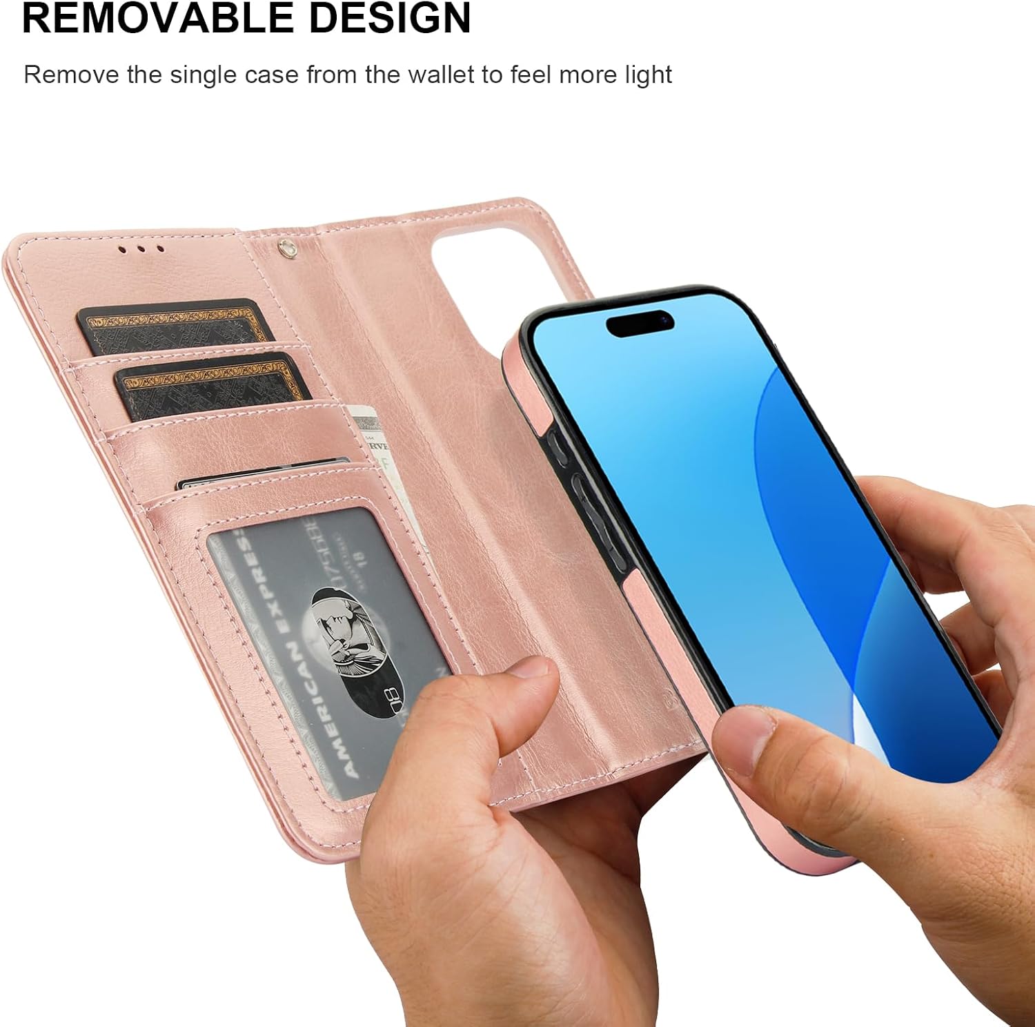Bocasal for iPhone 16 Pro Wallet Case Compatible with MagSafe Wireless Charging, RFID Blocking Magnetic Leather Case with Card Slots Holder Kickstand Detachable Wrist Strap 6.3 Inch (Rose Gold)