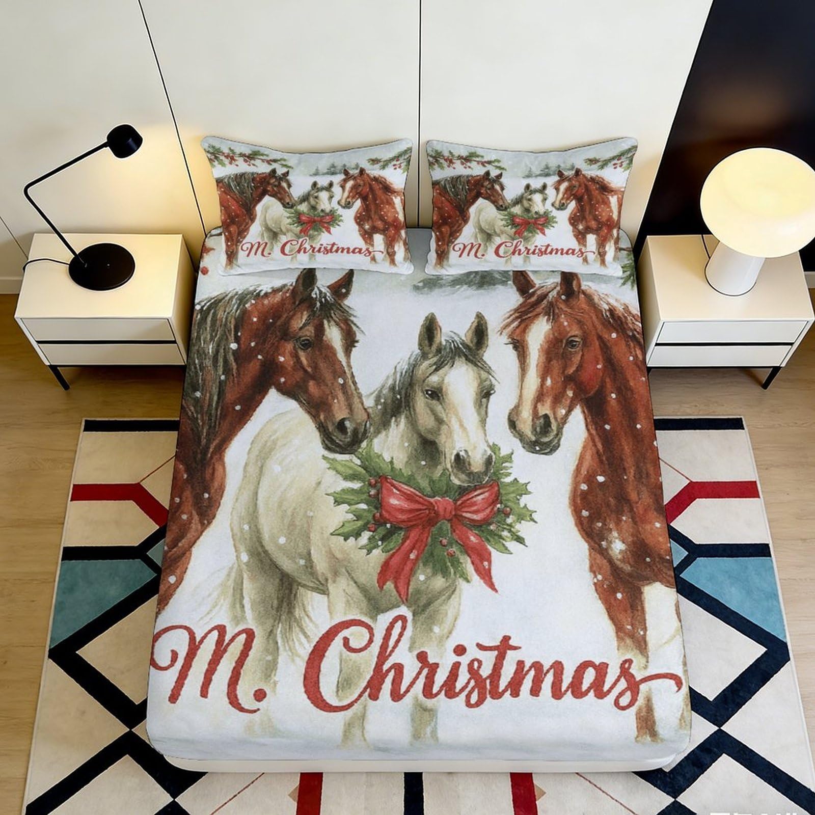 3D Printed Christmas Horse Fitted Sheet Microfiber Deep Pocket Elastic Hem Bedroom Bedding Horse Mattress Fitted Cover for All Ages 140x200x25cm