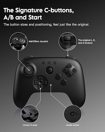8Bitdo 64 Bluetooth Controller for Analogue 3D, Switch, Switch 2, Windows, Android Hall Effect Joystick, Vibration, Turbo Function Black