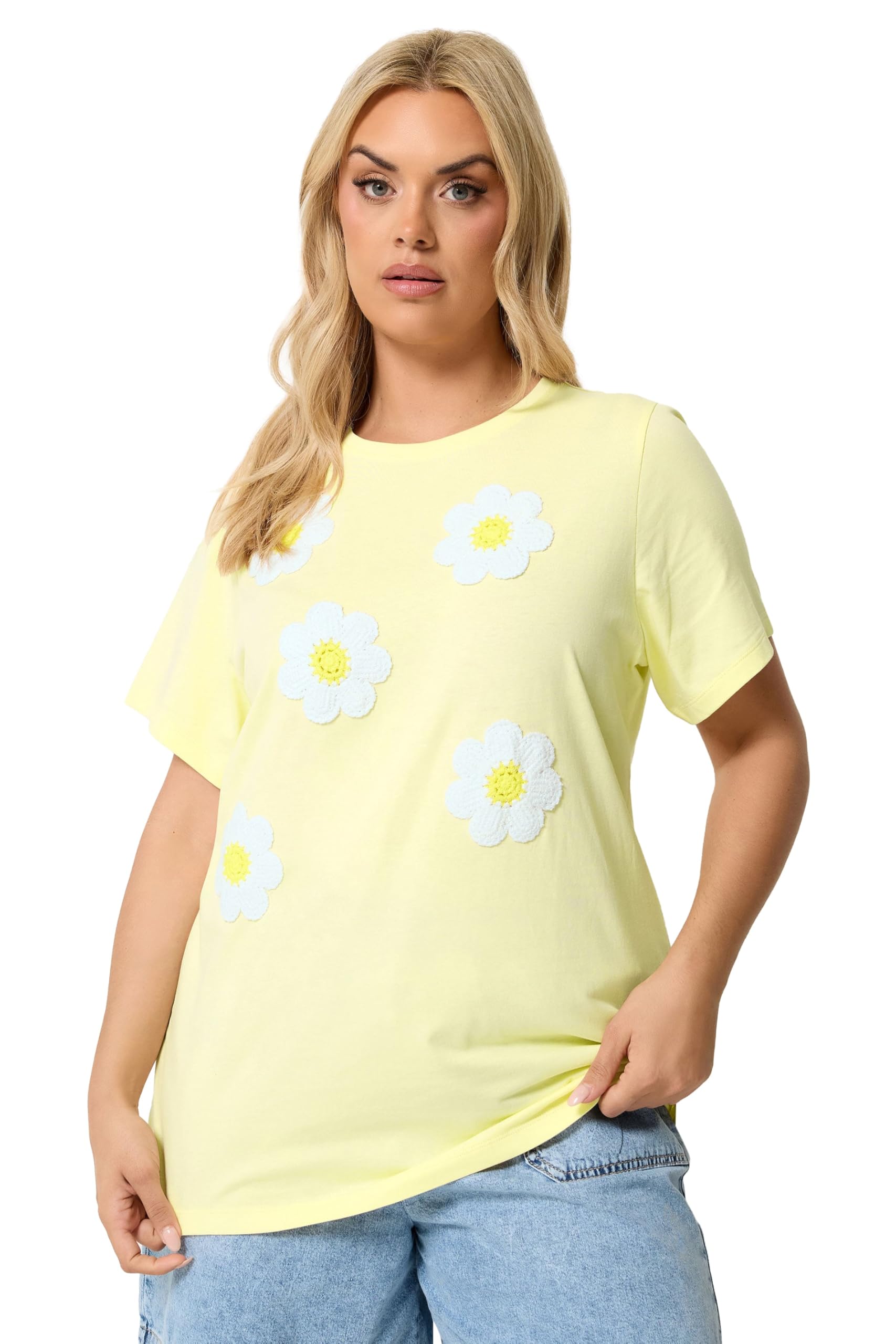 Yours Women's Lemon Daisy Applique T-Shirt In | Size: 22/24