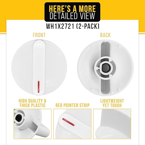 Miniatura 3 de PartsBroz Pomo selector con clip WH1X2721 (paquete de 2) – Compatible con General Electric Whirlpool Hotpoint Lavadora secadora – Reemplaza PS271094