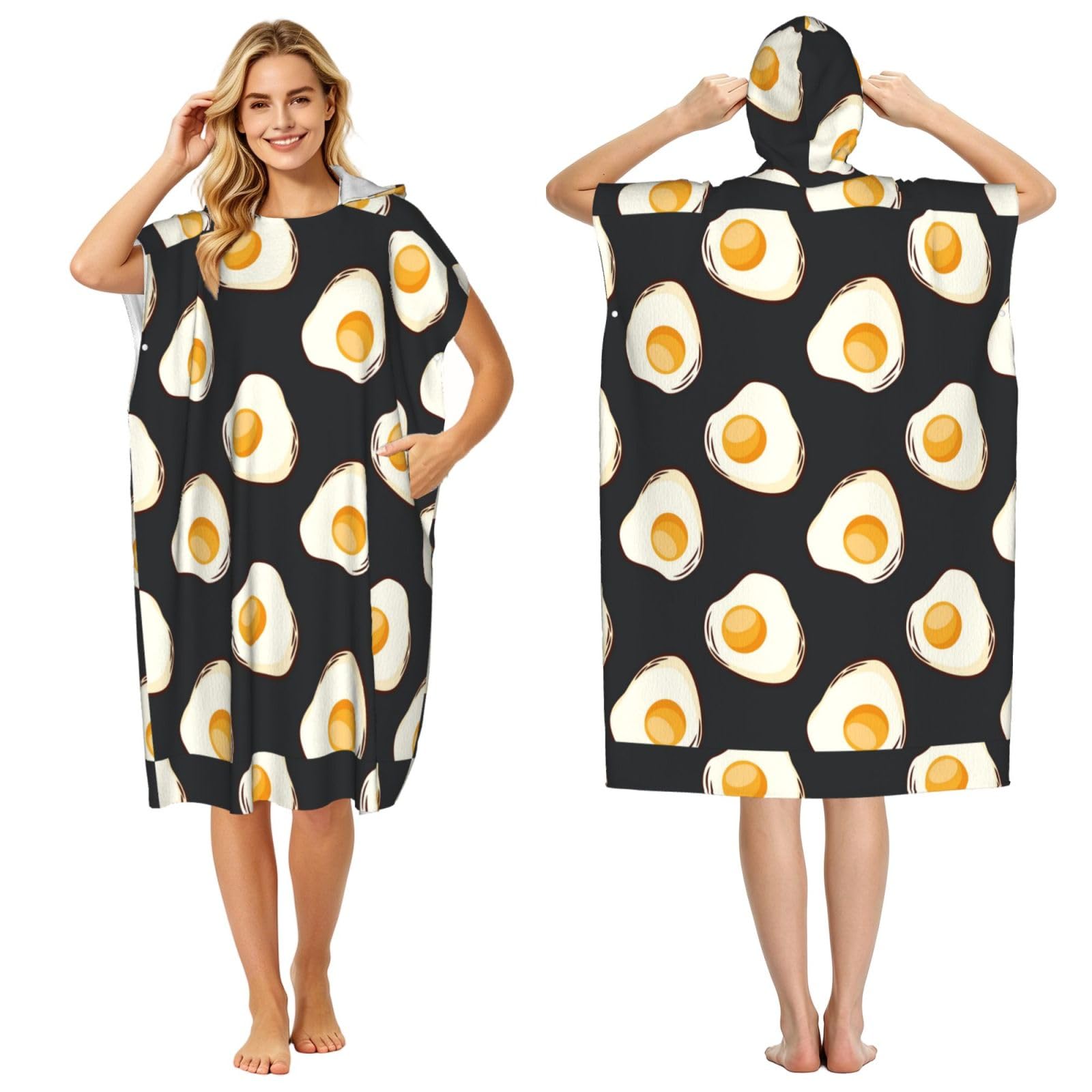 Poadnly Food Fried Eggs Dark, Adult Hooded Beach Towel 90 x 110 cm,Changing Bath Robe, Surf Poncho Towel For Women Men