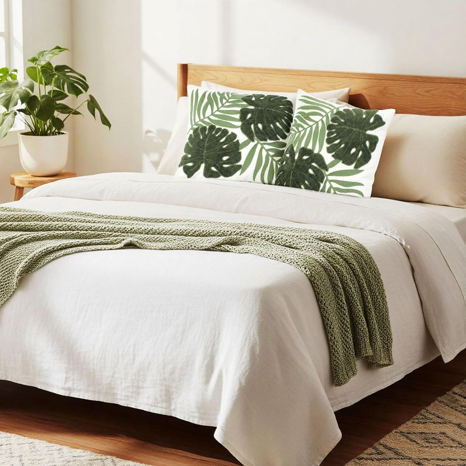 Gilprop 2 Pcs Embroidered Throw Pillow Covers Boho Square Pillow Covers Floral Spring Leaf Plant Cushion Cases for Bed Couch Sofa Bedroom Living Room Home Decor(Large Leaves,18 x 18 Inches)