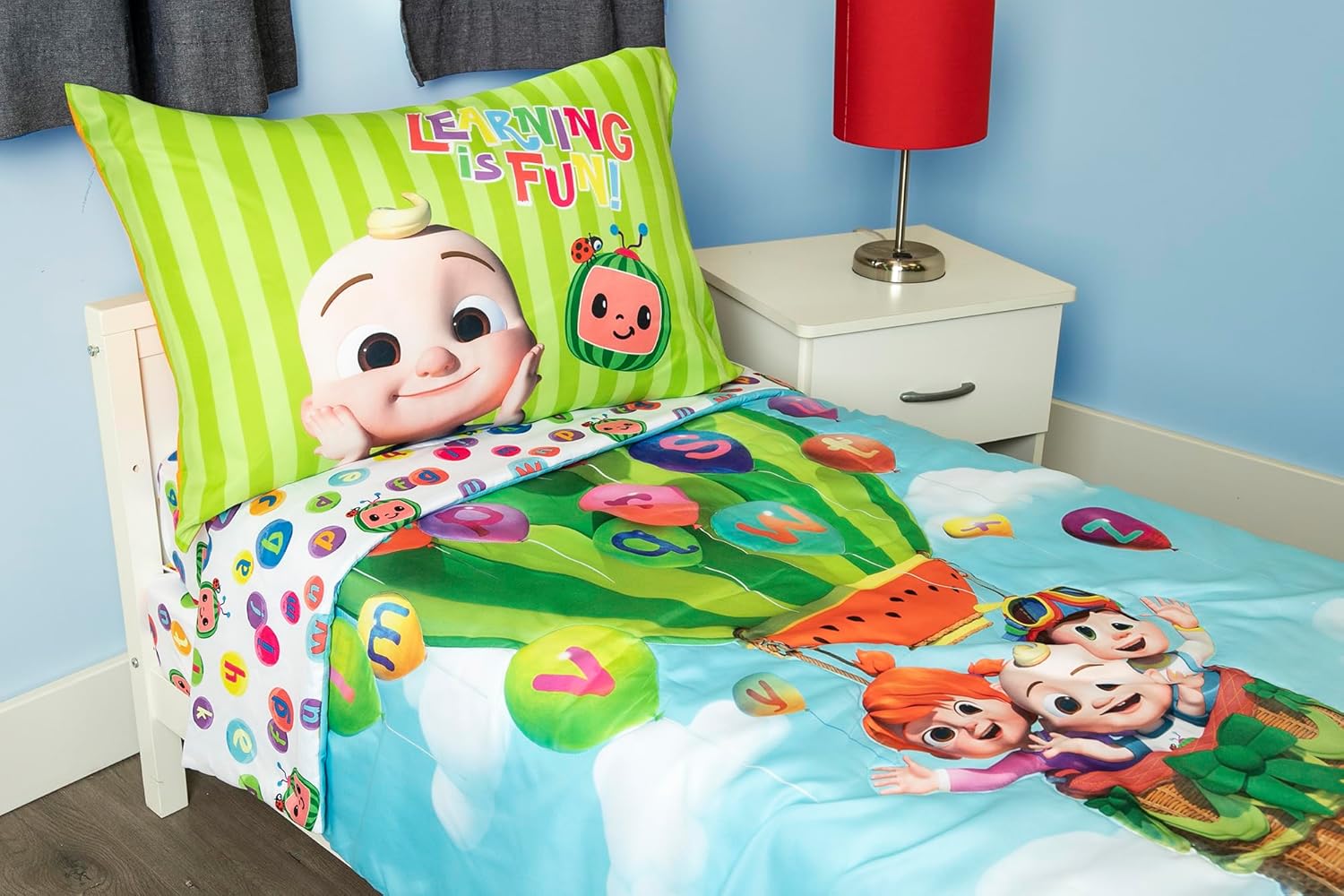Cocomelon 4 Piece Toddler Bedding Set – Includes Comforter, Sheet Set – Fitted + Top Sheet + Reversible Pillowcase for Boys Bed, Blue