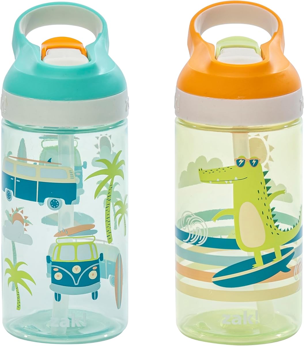 Zak Designs Atlantic Botella de agua para niños para la escuela o viajes, botella de agua de plástico duradero de 16 oz con pajita, asa y cubierta de boquilla emergente a prueba de fugas, paquete de 2 (tablas de surf y palmeras)