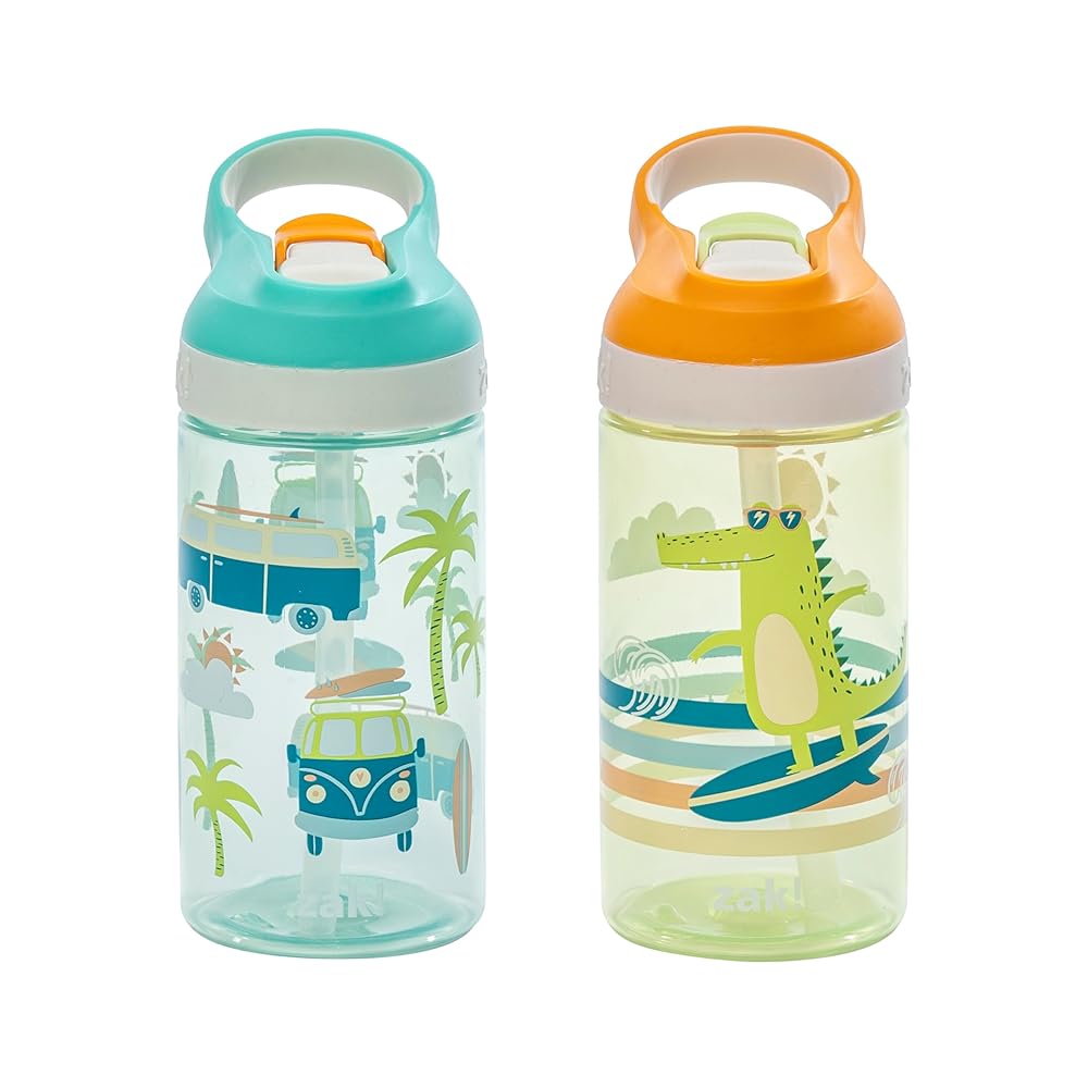 Zak Designs Atlantic Kids Water Bottle For School or Travel, 16oz Durable Plastic Water Bottle With Straw, Handle, and Leak-Proof, Pop-Up Spout Cover, 2-Pack (Surf Boards and Palm Trees)
