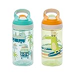 Zak Designs Atlantic Kids Water Bottle For School or Travel, 16oz Durable Plastic Water Bottle With Straw, Handle, and Leak-Proof, Pop-Up Spout Cover, 2-Pack (Surf Boards and Palm Trees)